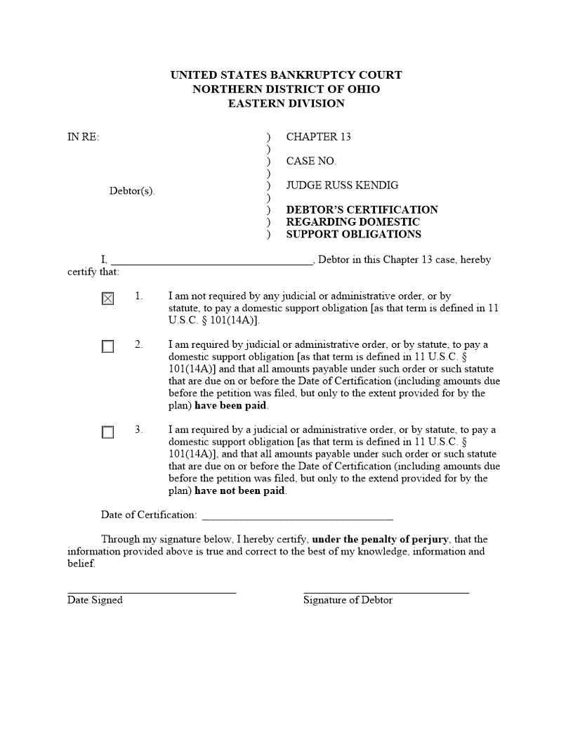 Debtors Certification Regarding Domestic Support Obligations (Canton) | Pdf Fpdf Docx | Ohio