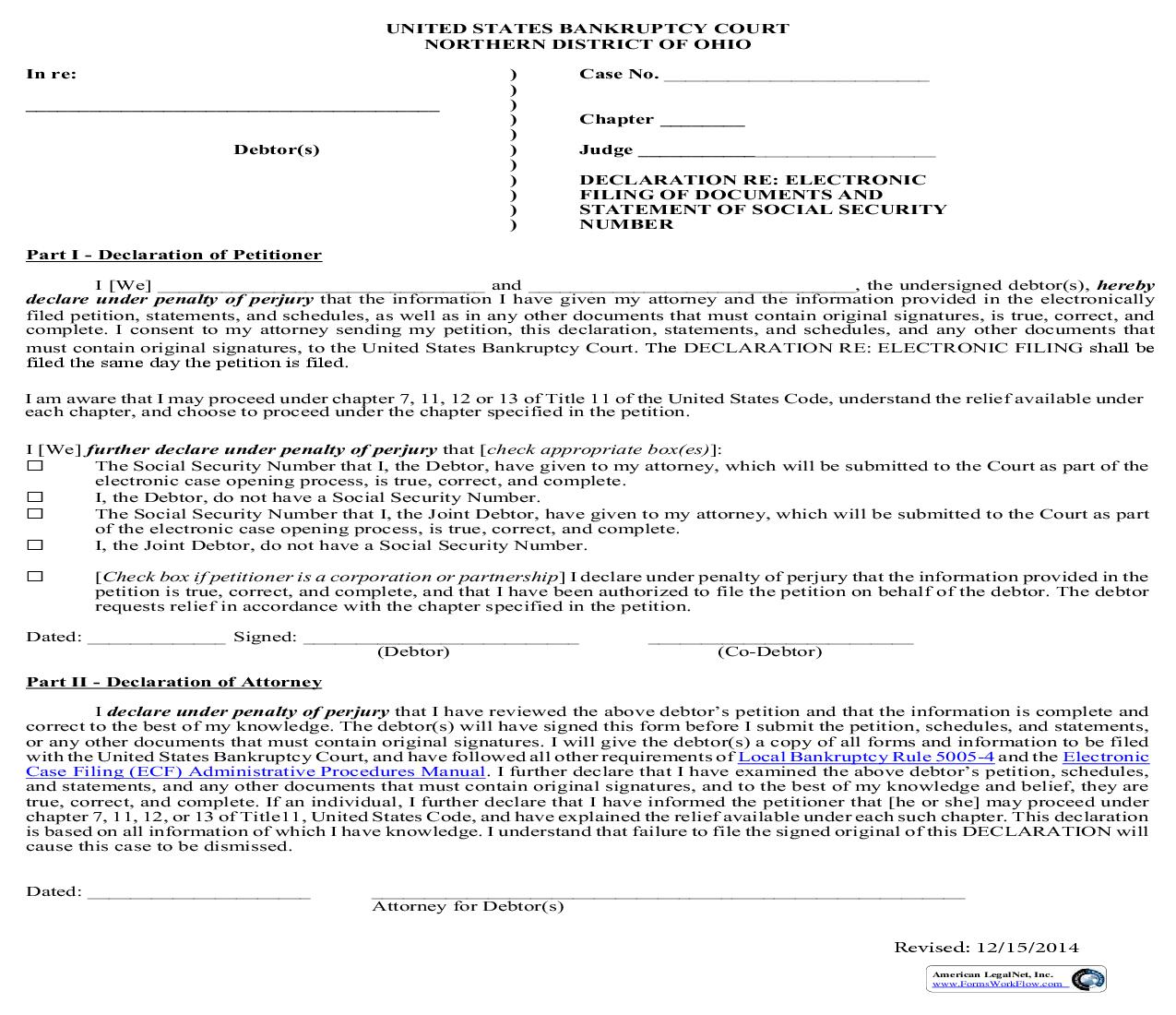 Declaration Re Electronic Filing Of Documents And Statement Of Social Security Number | Pdf Fpdf Doc Docx | Ohio