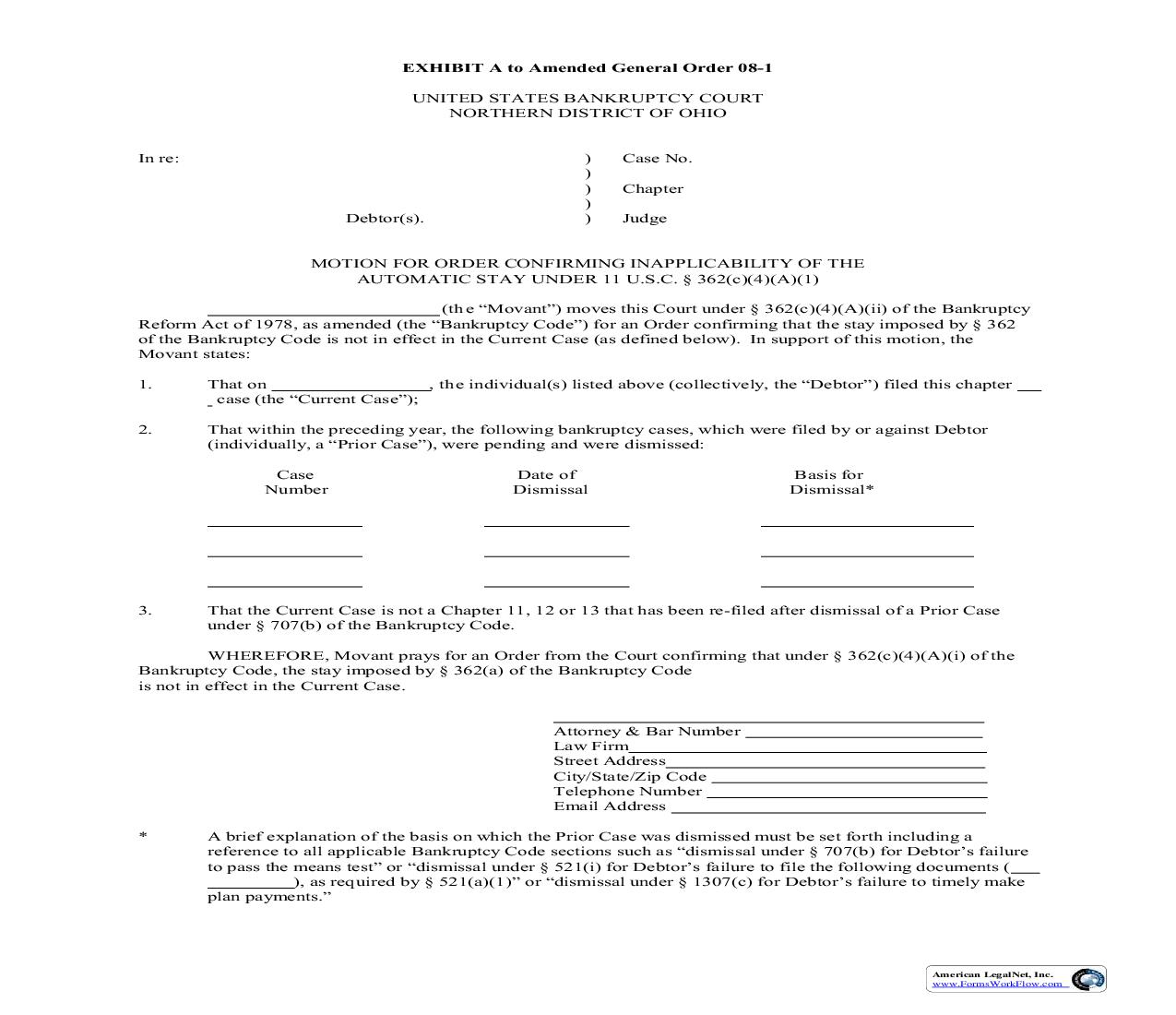 Motion For Order Confirming Inapplicability Of The Automatic Stay | Pdf Fpdf Doc Docx | Ohio