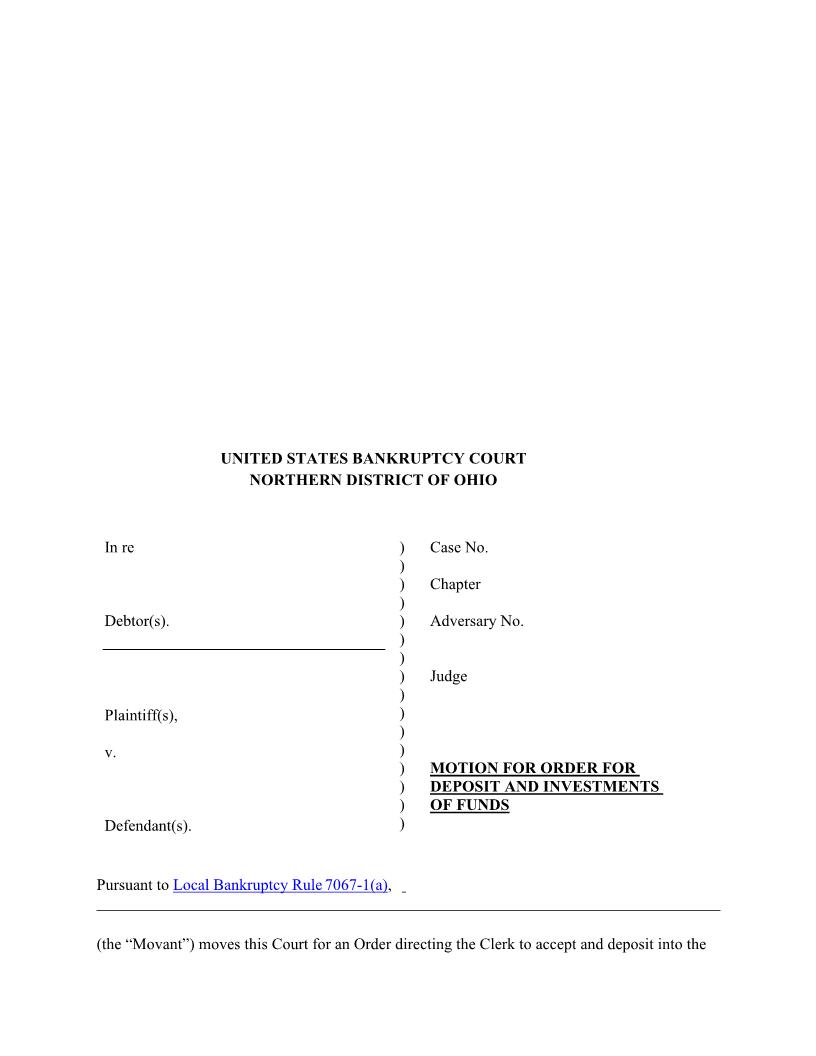 Motion For Order For Deposit And Investment Of Funds | Pdf Fpdf Doc Docx | Ohio