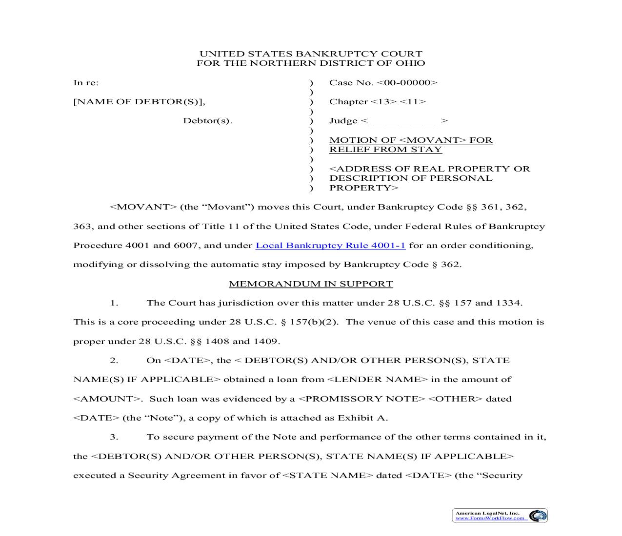 Motion Of (Movant) For Relief from Stay-Chapter 13 | Pdf Fpdf Doc Docx | Ohio