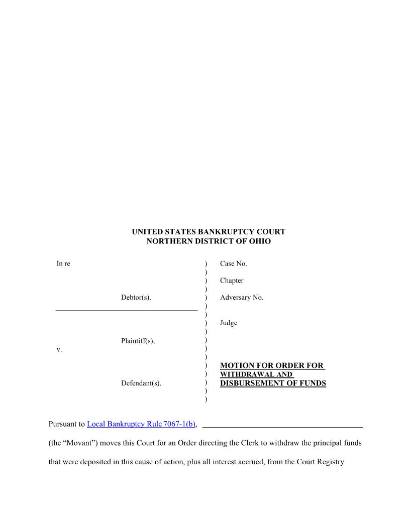Motion for Order for Withdrawal And Disbursement Of Funds | Pdf Fpdf Doc Docx | Ohio