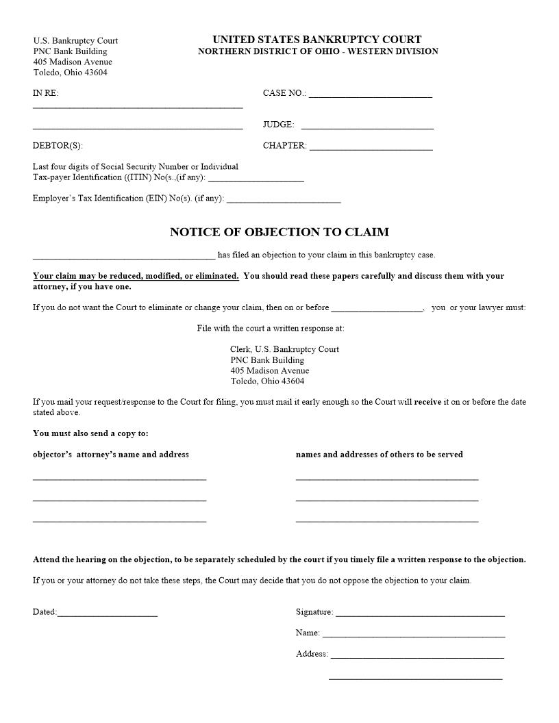 Notice Of Objection To Claim (Toledo) | Pdf Fpdf Docx | Ohio