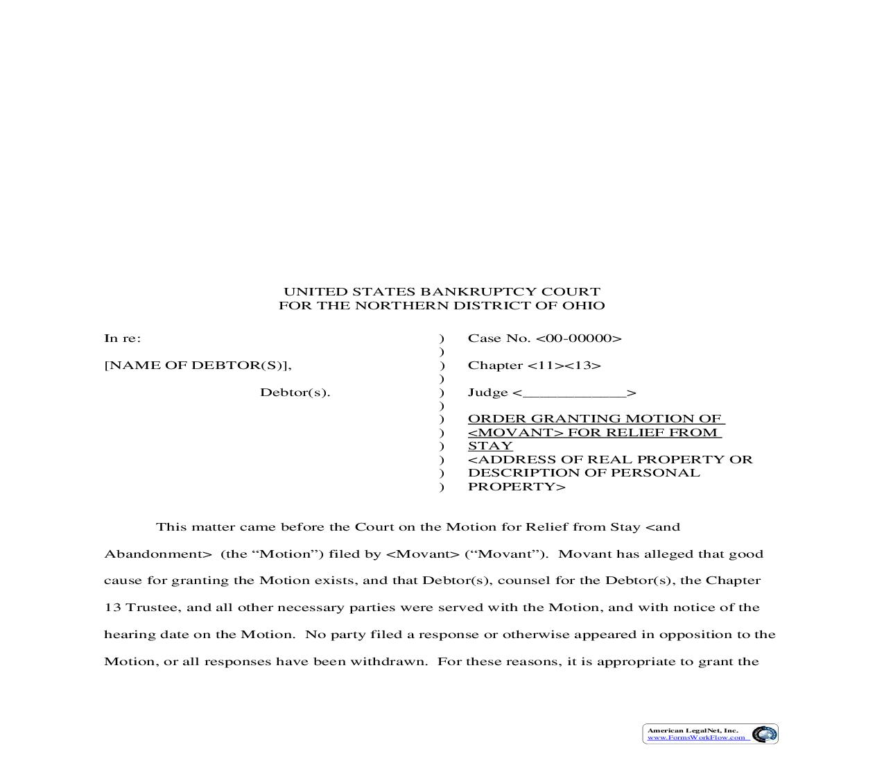 Order For Relief From Stay And Abandonment-Chapter 13 | Pdf Fpdf Doc Docx | Ohio