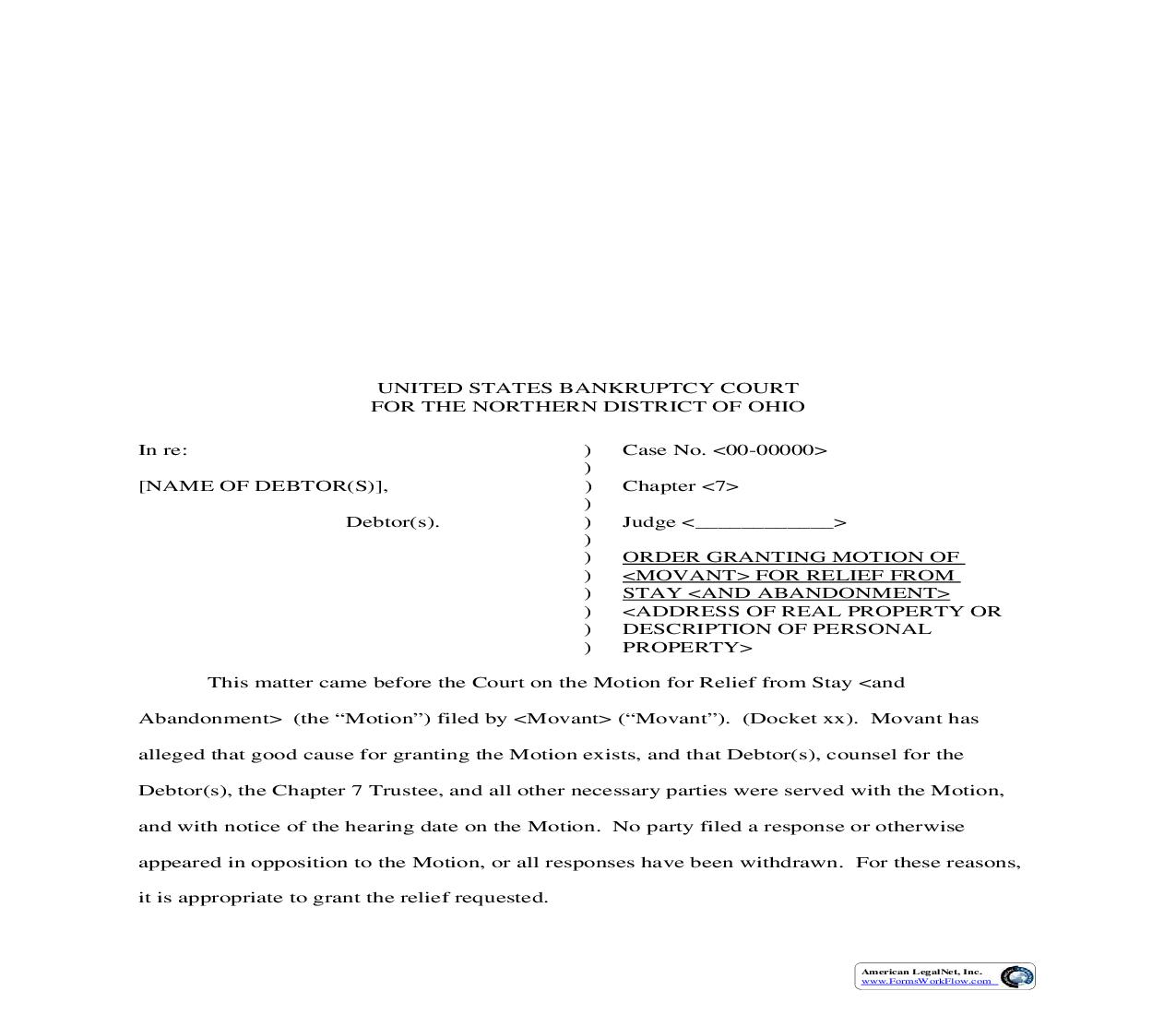 Order For Relief From Stay And Abandonment-Chapter 7 | Pdf Fpdf Doc Docx | Ohio