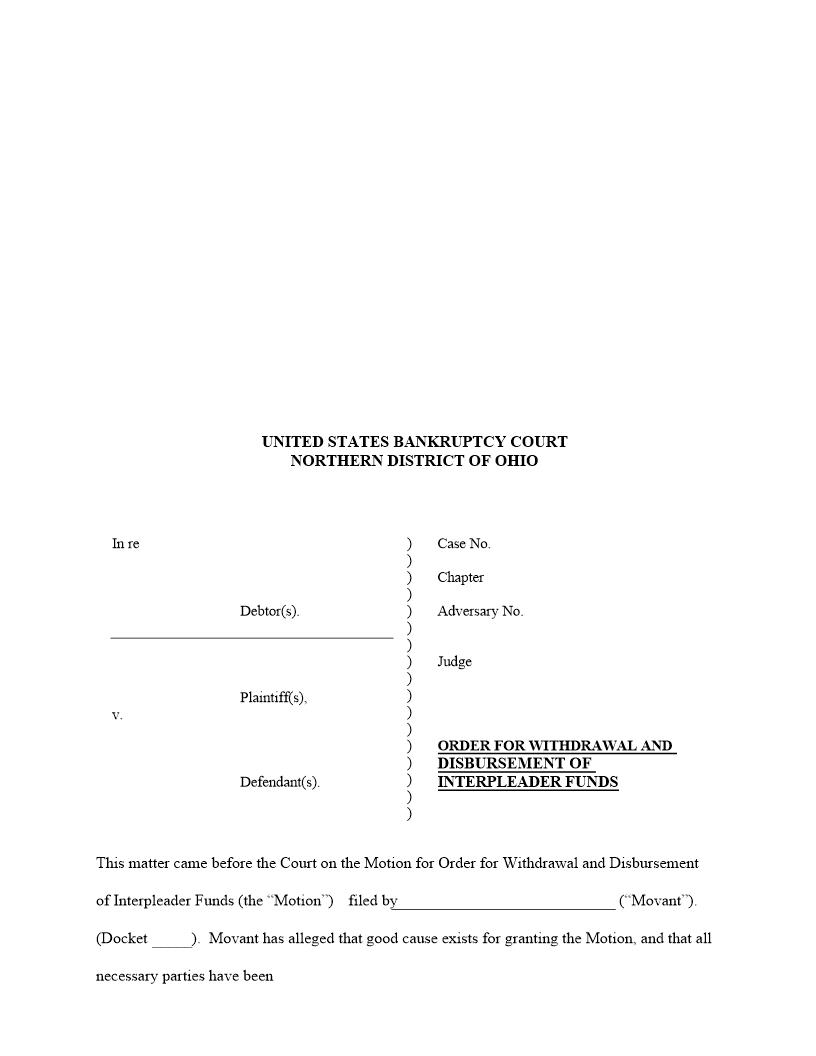 Order For Withdrawal And Disbursement Of Interpleader Funds | Pdf Fpdf Docx | Ohio