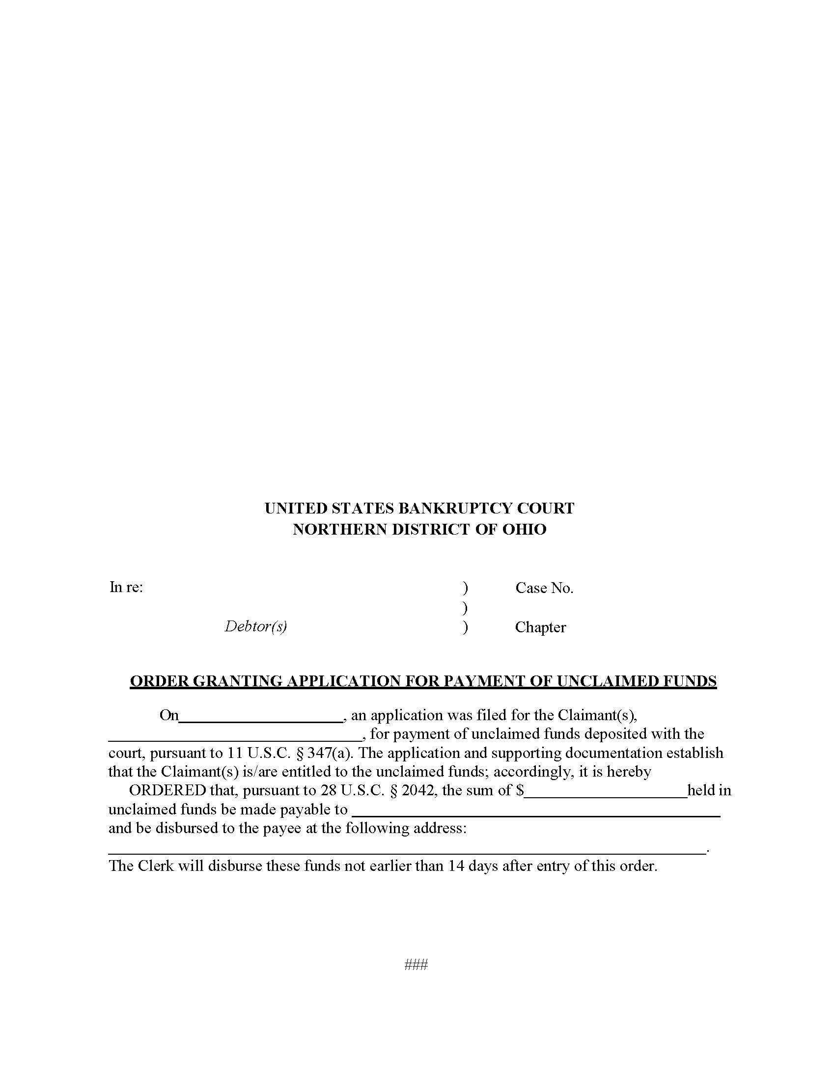 Order Granting Application For Payment Of Unclaimed Funds | Pdf Fpdf Docx | Ohio