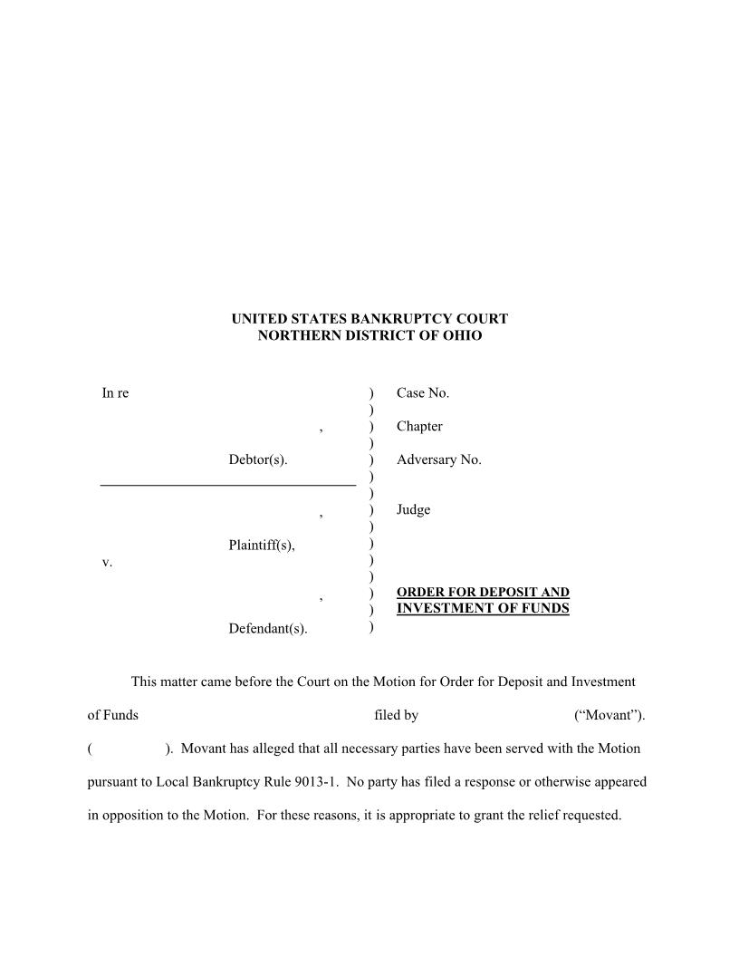 Order for Deposit and Investment of Funds | Pdf Fpdf Doc Docx | Ohio