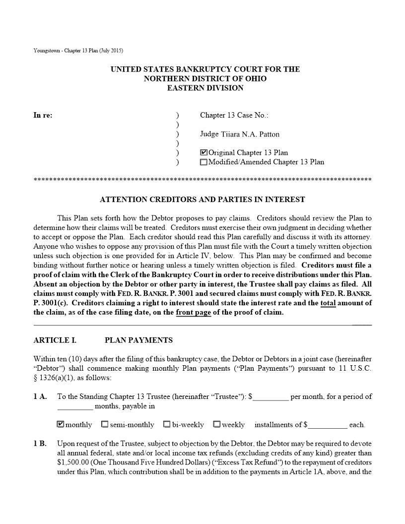 Original Or Modified Chapter 13 Plan (Youngstown) | Pdf Fpdf Docx | Ohio