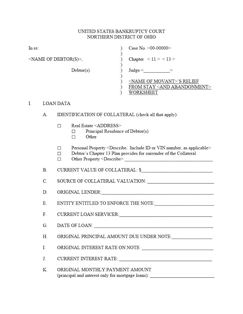Relief From Stay Worksheet (Chapters 11 And 13) | Pdf Fpdf Docx | Ohio