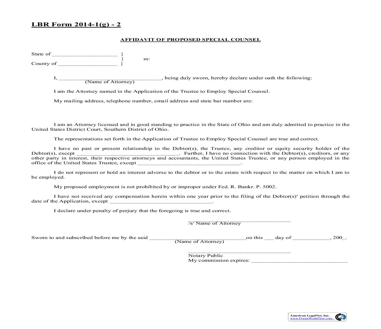 Affidavit Of Proposed Special counsel {2014-1(g)-2} | Pdf Fpdf Doc Docx | Ohio