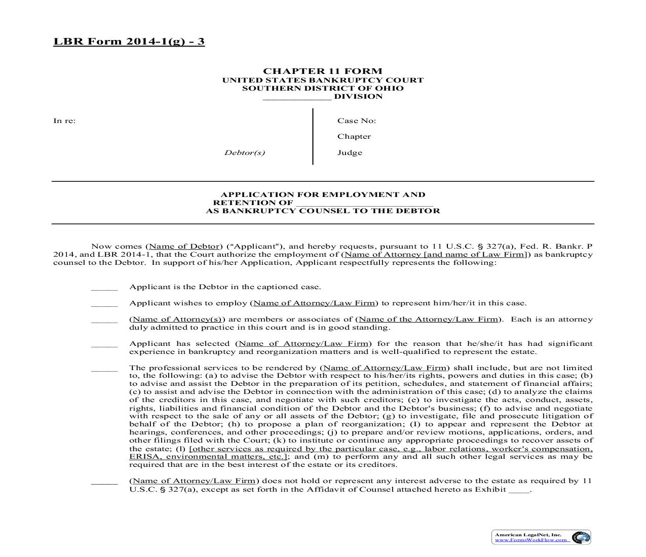 Application For Employment And Retention Of As Bankruptcy Counsel To The Debtor {2014-1(g)-3} | Pdf Fpdf Doc Docx | Ohio