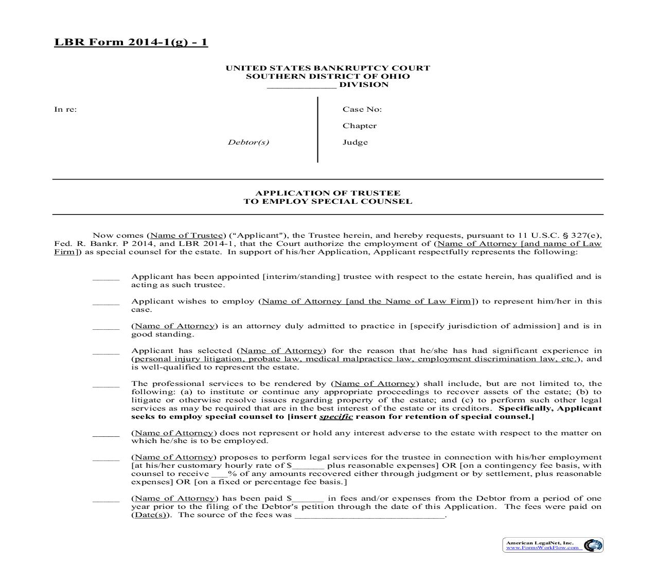 Application Of Trustee To Employ Special Counsel {2014-1(g)-1} | Pdf Fpdf Doc Docx | Ohio