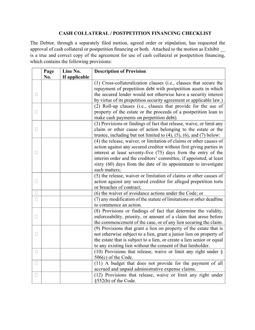 Cash Collateral Postpetition Financing Checklist | Pdf Fpdf Docx | Ohio