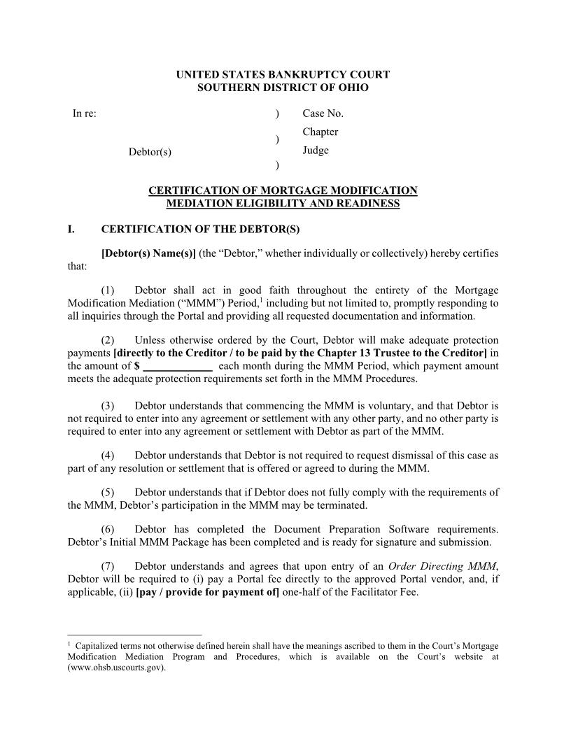 Certification Of Mortgage Modification Mediation Eligibility And Readiness | Pdf Fpdf Docx | Ohio