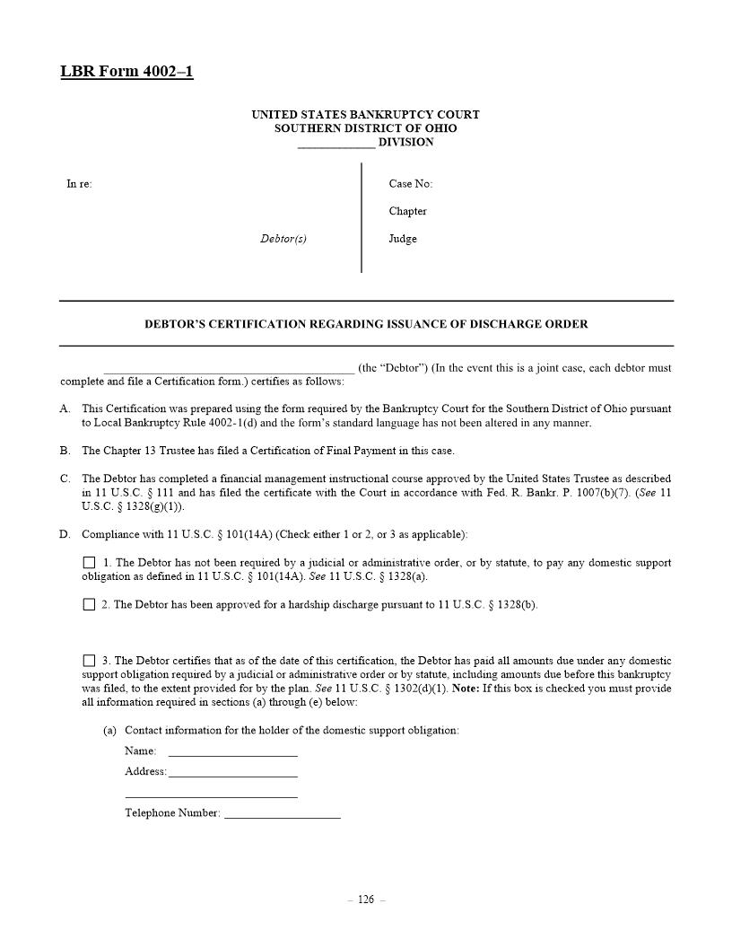 Debtors Certification Regarding Issuance Of Discharge Order {4002-1} | Pdf Fpdf Docx | Ohio
