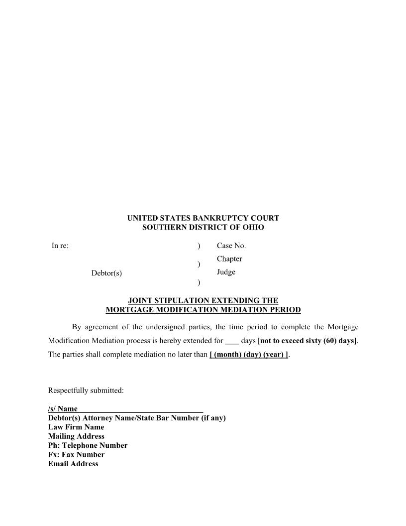 Joint Stipulation Extending The Mortgage Modification Mediation Period | Pdf Fpdf Docx | Ohio