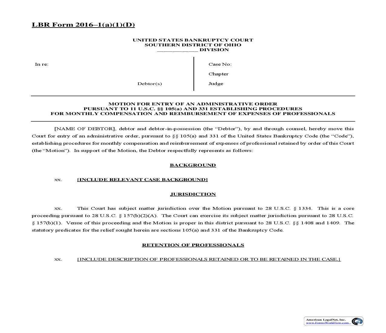 Motion For Entry Of An Administrative Order {2016-1(a)(1)(D)} | Pdf Fpdf Doc Docx | Ohio