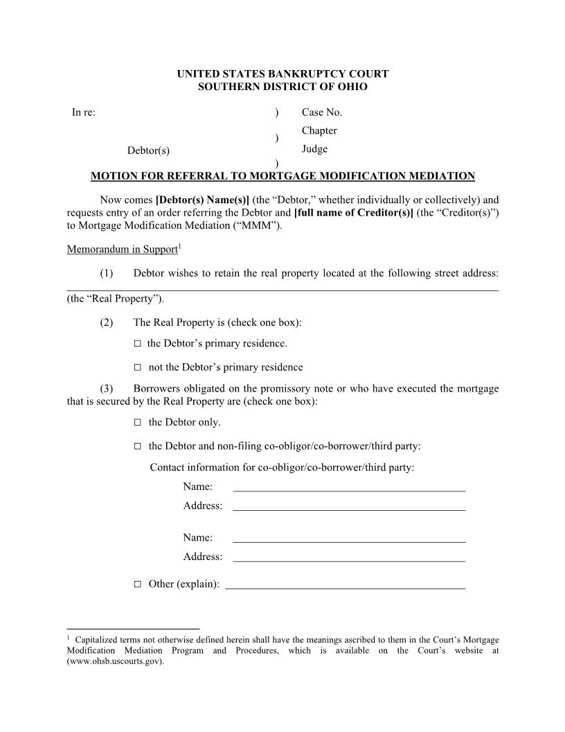 Motion For Referral To Mortgage Modification Mediation | Pdf Fpdf Docx | Ohio
