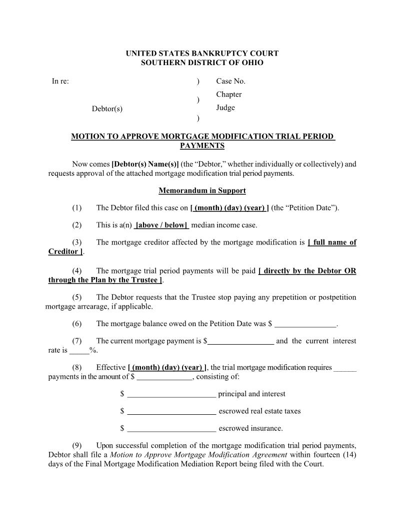 Motion To Approve Mortgage Modification Trial Period Payments | Pdf Fpdf Docx | Ohio