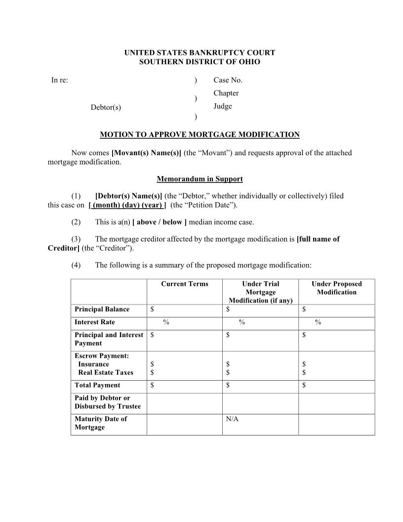Motion To Approve Mortgage Modification | Pdf Fpdf Docx | Ohio