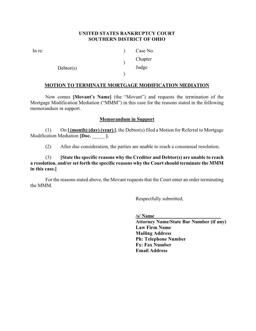 Motion To Terminate Mortgage Modification Mediation | Pdf Fpdf Docx | Ohio