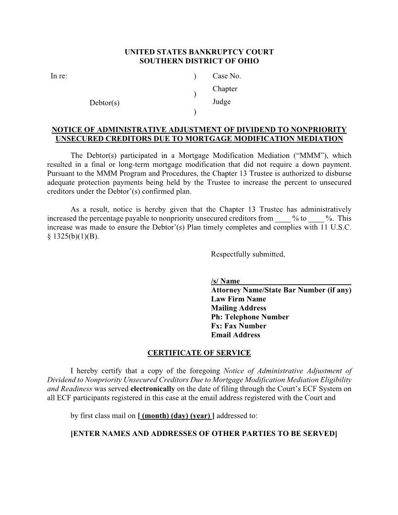 Notice Of Adjustment Of Dividend Due To Mortgage Modification Mediation | Pdf Fpdf Docx | Ohio
