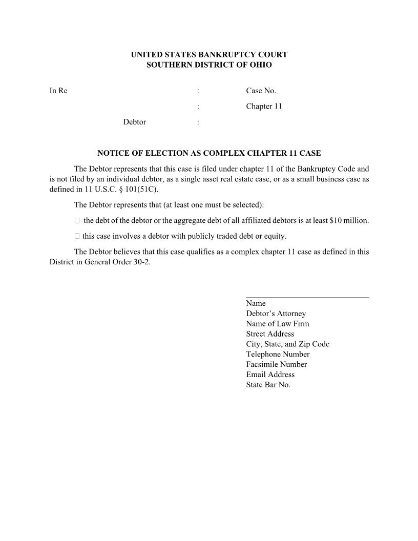 Notice Of Election As Complex Chapter 11 Case | Pdf Fpdf Docx | Ohio