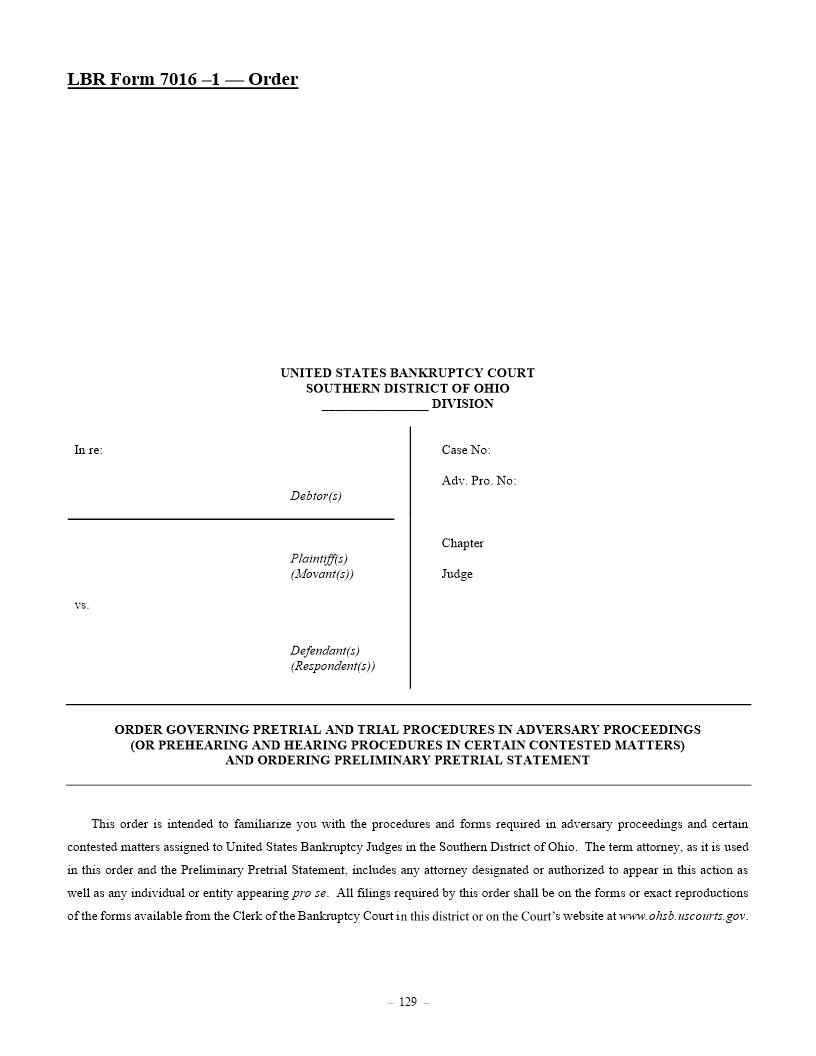 Order Governing Pretrial And Trial Procedures In Adversary Proceeding {7016-1} | Pdf Fpdf Doc Docx | Ohio