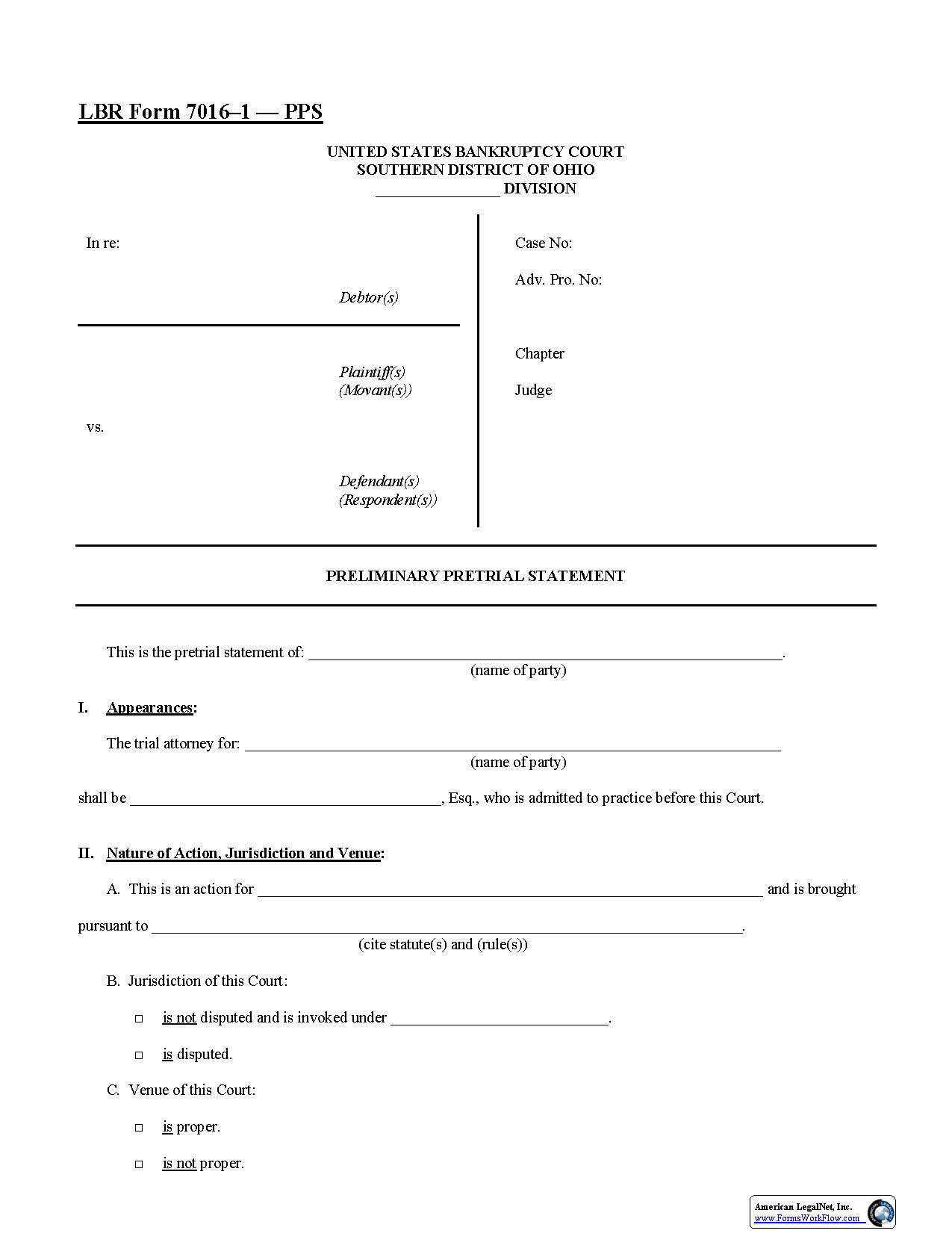 Preliminary Pretrial Statement {7016-1-PPS} | Pdf Fpdf Doc Docx | Ohio