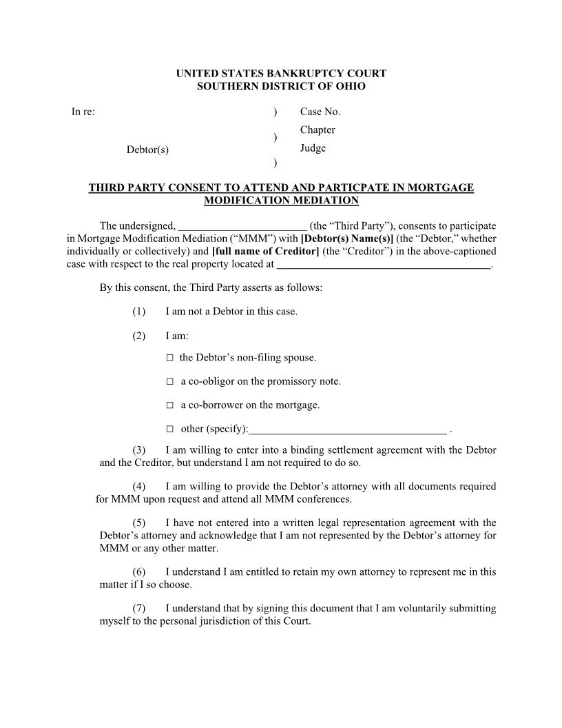 Third Party Consent To Attend And Participate In Mortgage Modification Mediation | Pdf Fpdf Docx | Ohio