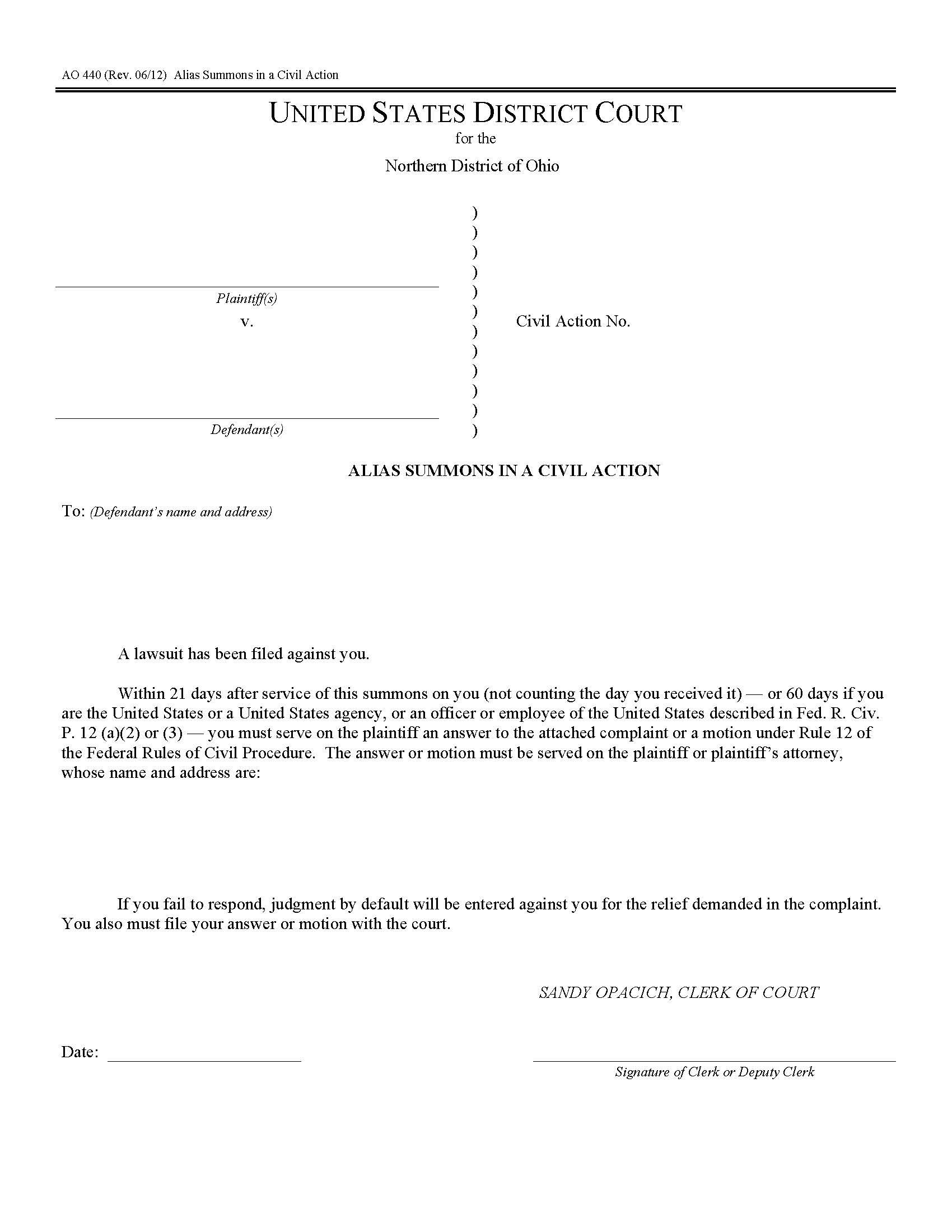 Alias Summons In A Civil Action {AO 440} | Pdf Fpdf Docx | Ohio