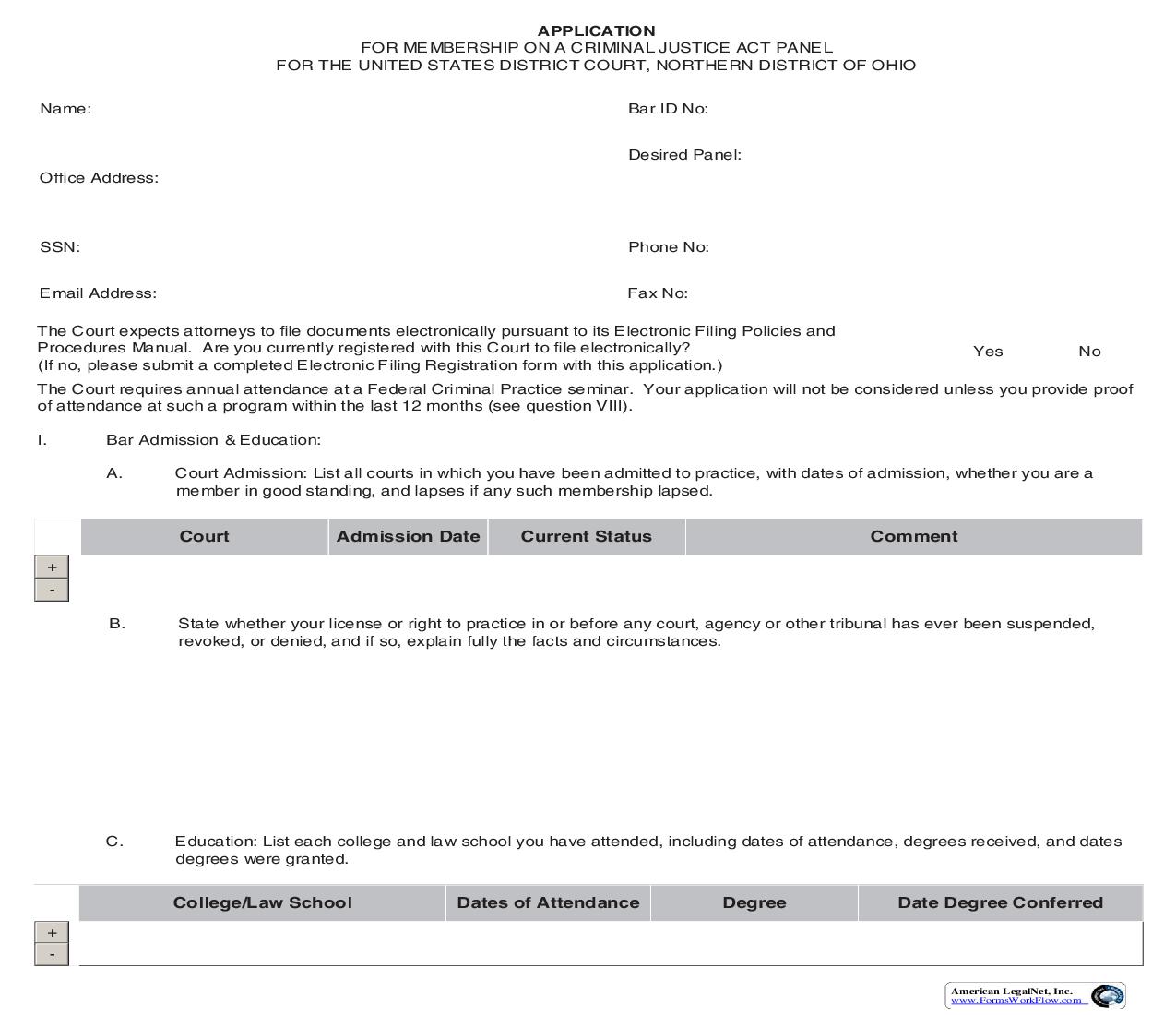 Application For Membership On A Criminal Justice Act Panel | Pdf Fpdf Doc Docx | Ohio