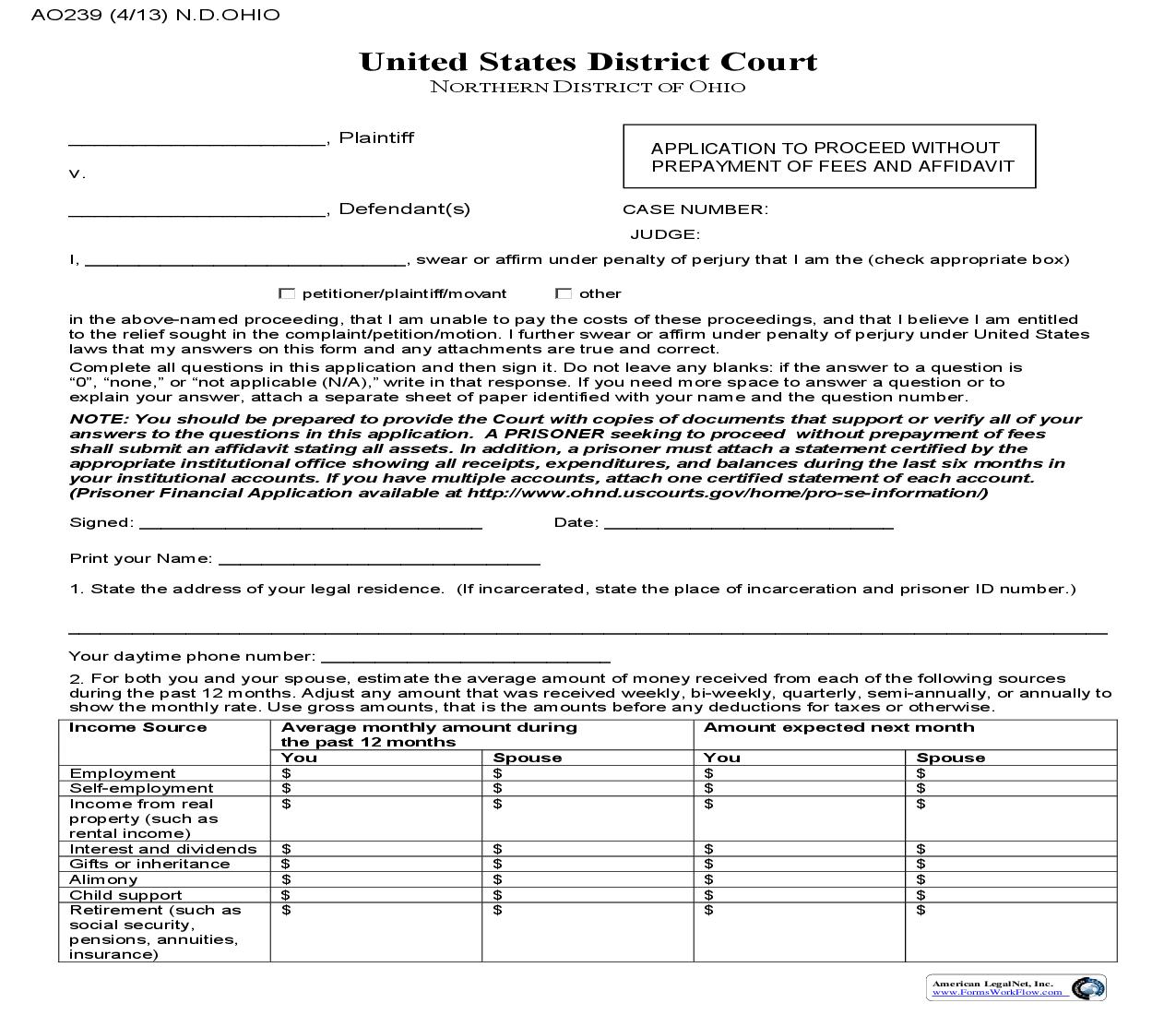 Application To Proceed Without Prepayment Of Fees And Affidavit (Ohio Northern District) {AO239} | Pdf Fpdf Doc Docx | Ohio