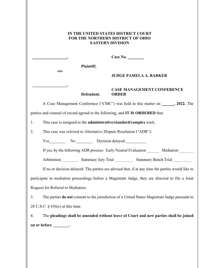 Case Management Conference Order (Judge Barker) | Pdf Fpdf Docx | Ohio