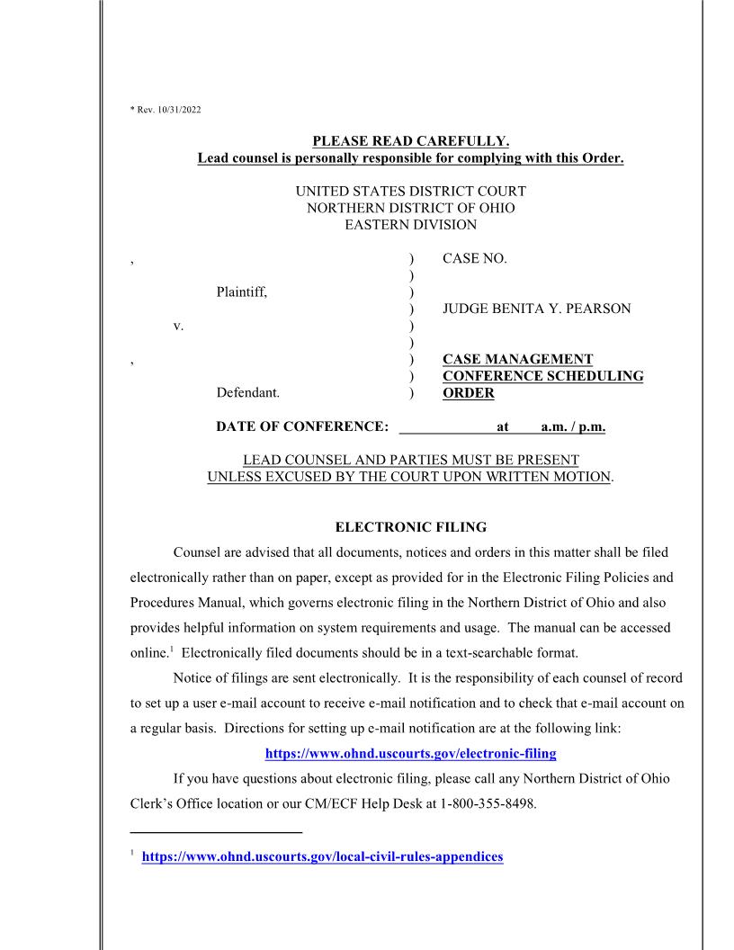 Case Management Conference Scheduling Order {Judge Pearson} | Pdf Fpdf Docx | Ohio