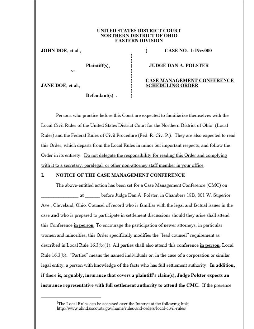 Case Management Conference Scheduling Order (Judge Polster) | Pdf Fpdf Docx | Ohio