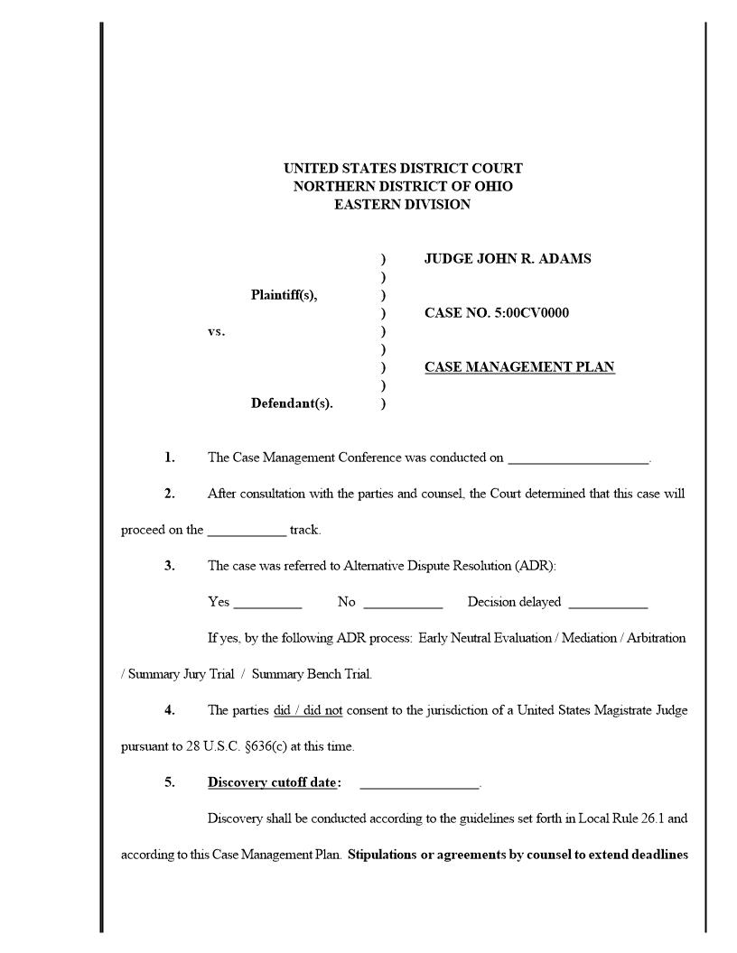 Case Management Plan (Judge Adams) | Pdf Fpdf Docx | Ohio
