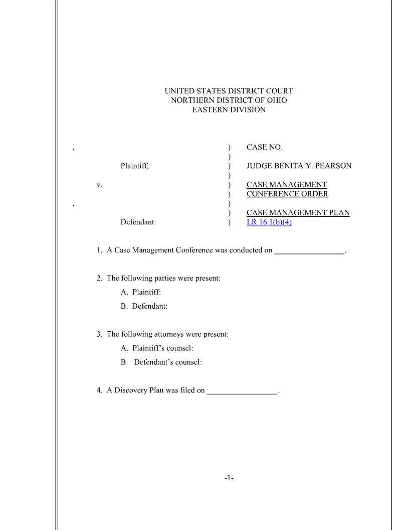 Case Management Plan (Judge Pearson) | Pdf Fpdf Docx | Ohio