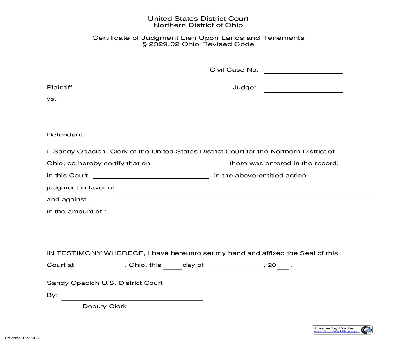 Certificate Of Judgment Lien Upon Lands And Tenements | Pdf Fpdf Doc Docx | Ohio