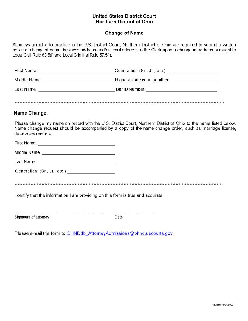 Change Of Name (Attorney Registration) | Pdf Fpdf Docx | Ohio