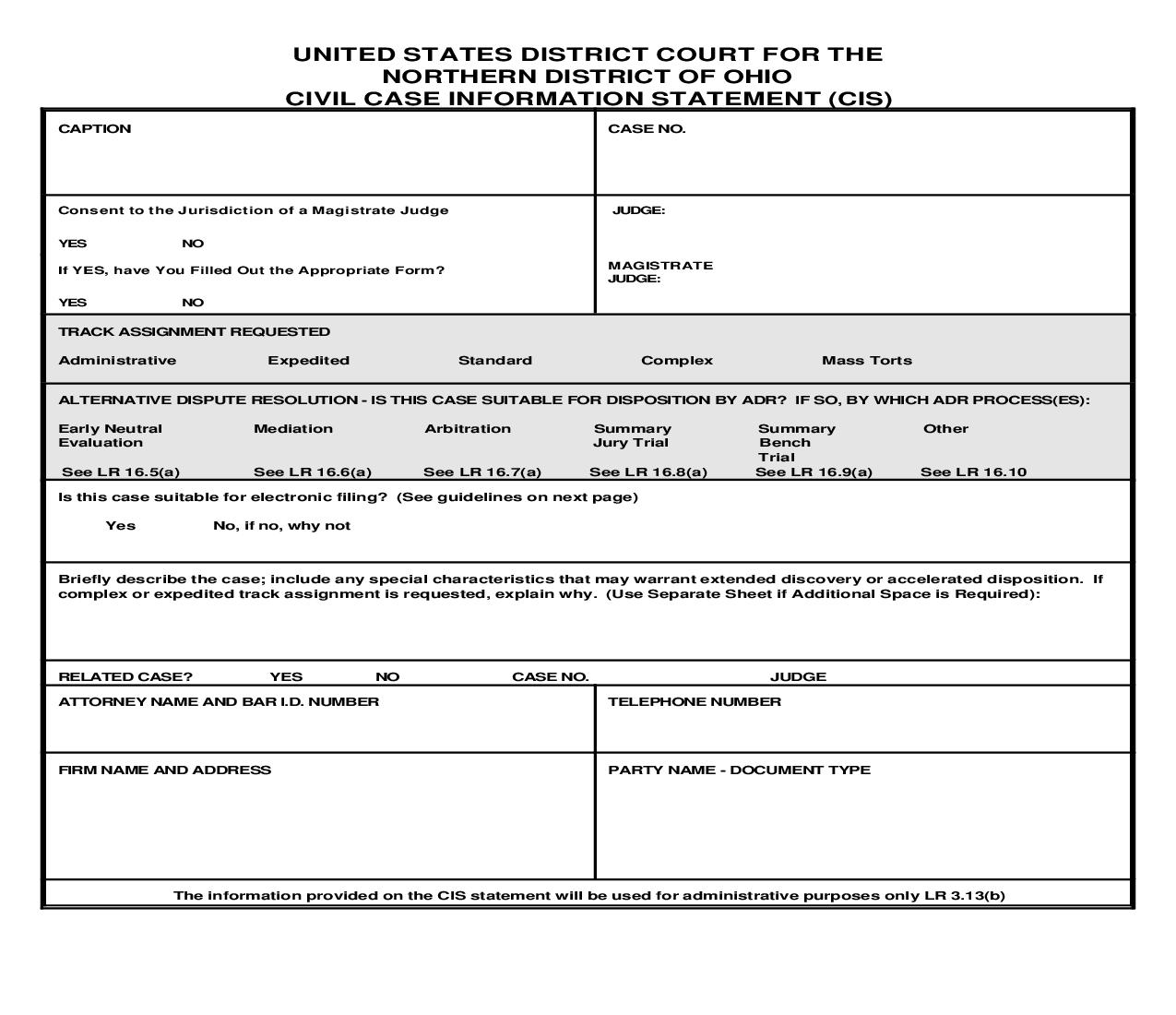 Civil Case Information Statement |  | Ohio