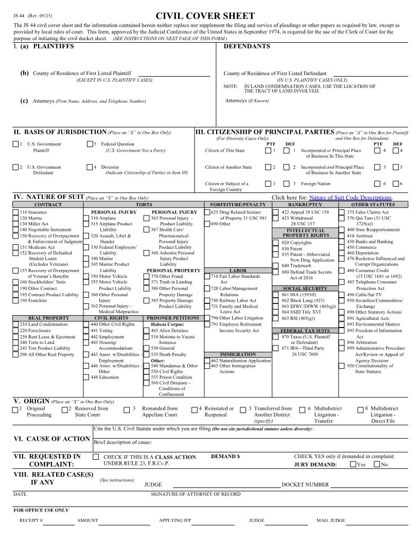 Civil Cover Sheet (Ohio Northern District) {JS 44} | Pdf Fpdf Docx | Ohio