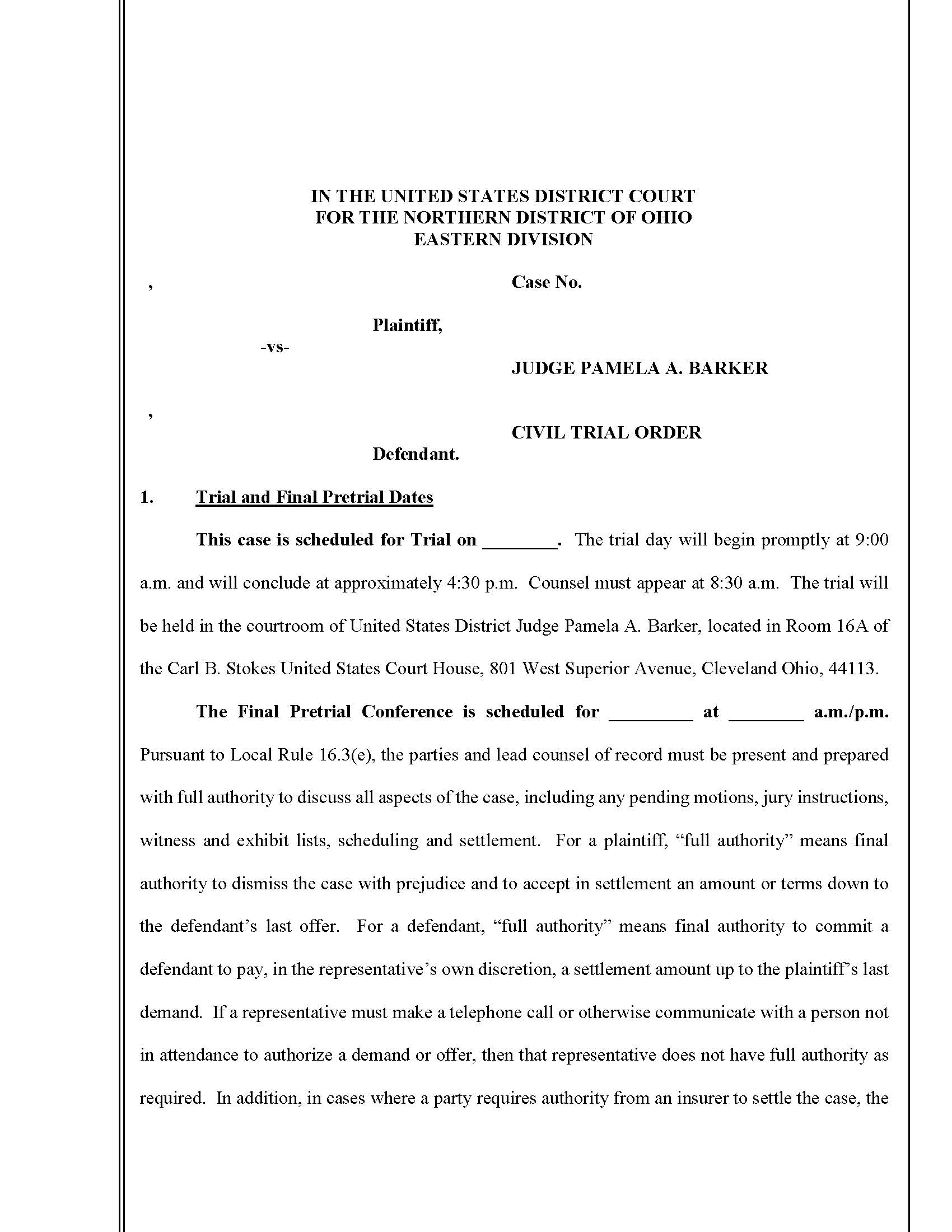 Civil Trial Order (Judge Barker) | Pdf Fpdf Docx | Ohio