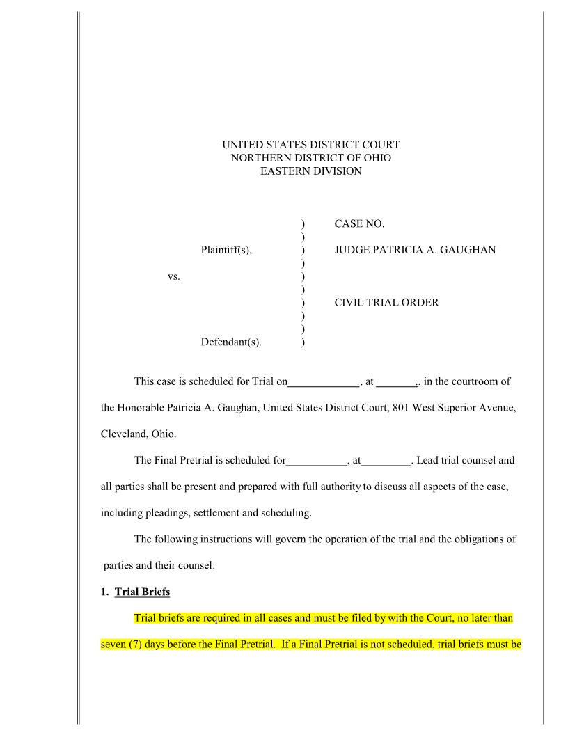 Civil Trial Order (Judge Gaughan) | Pdf Fpdf Docx | Ohio