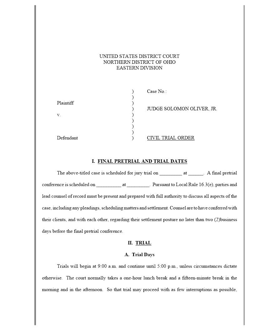 Civil Trial Order (Judge Oliver) | Pdf Fpdf Docx | Ohio