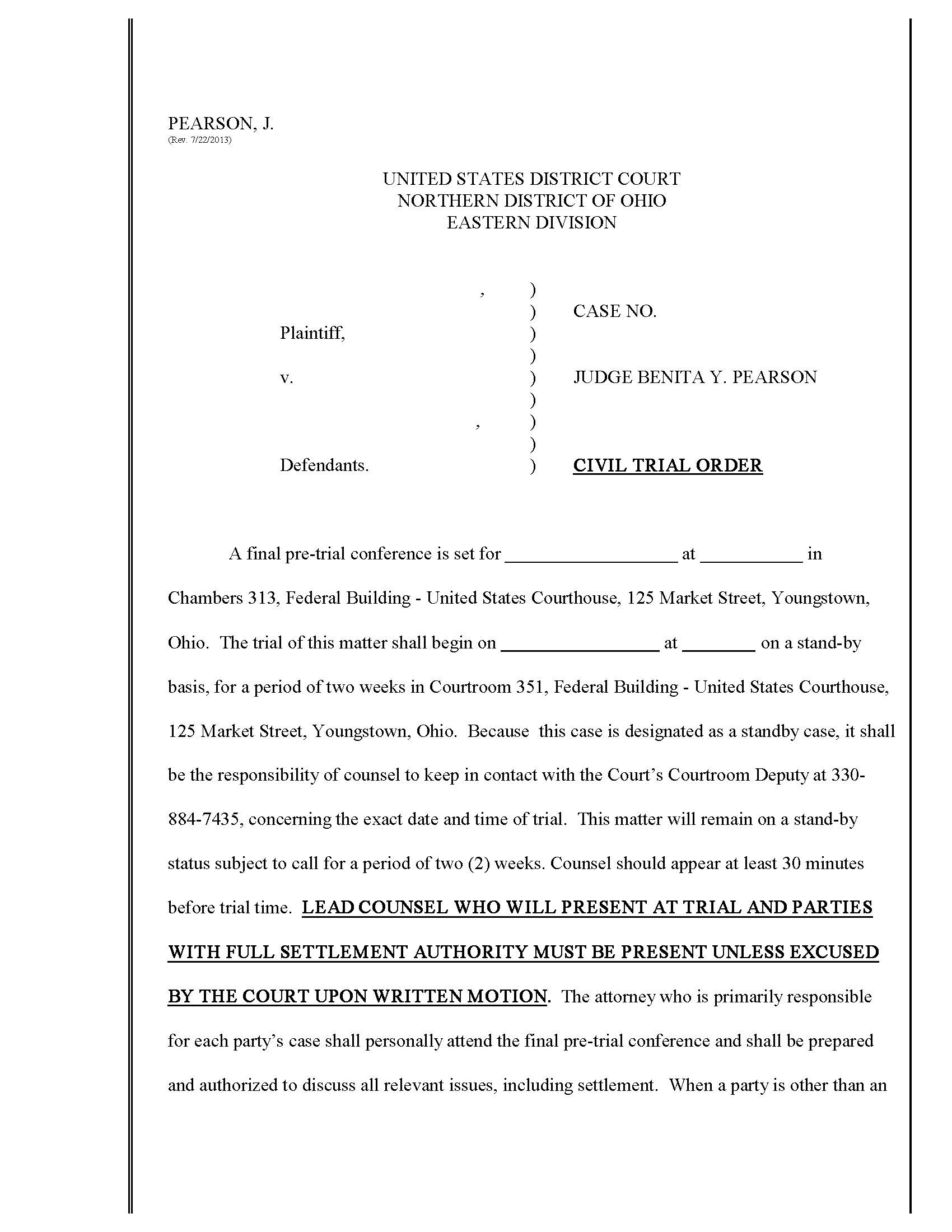 Civil Trial Order (Judge Pearson) | Pdf Fpdf Docx | Ohio