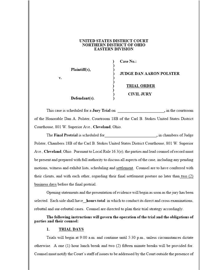 Civil Trial Order (Judge Polster) | Pdf Fpdf Docx | Ohio