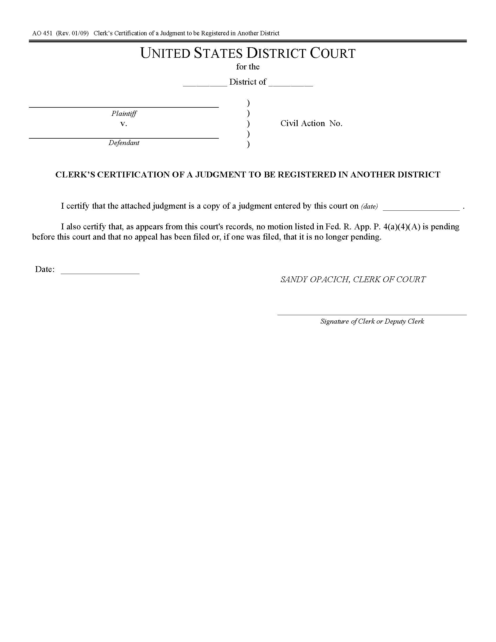 Clerks Certification Of A Judgment To Be Registered In Another District {AO 451} | Pdf Fpdf Docx | Ohio