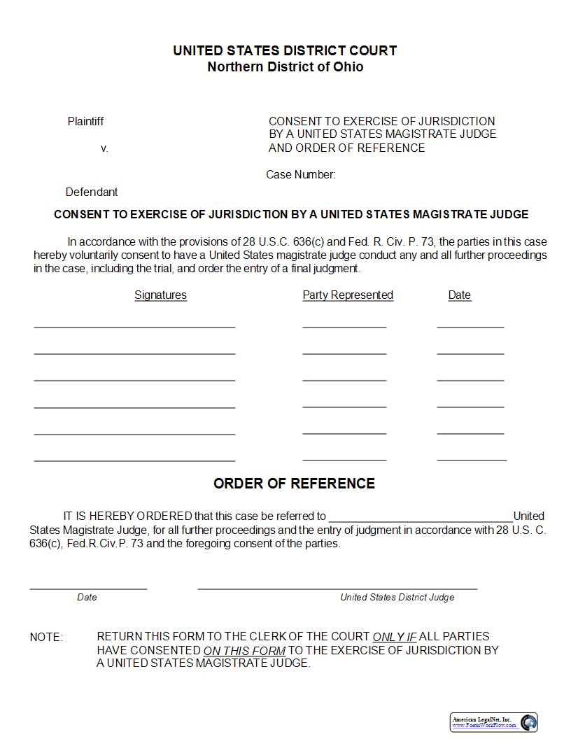Consent To Exercise Of Jurisdiction By A United States Magistrate Judge | Pdf Fpdf Docx | Ohio